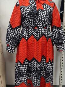 Casual Long Sleeve Printed Patchwork Simple Dress, Suitable For Daily Wear - Multicolor - View 1