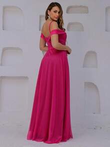 Long Off-The-Shoulder Party Dress With Sparkle For Bridesmaid, Wedding, Princess Graduation - 玫紅色 - 查看 3