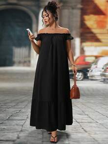 1件加大码纯色梭织面料荷叶边下摆休闲连衣裙，适合度假和所有季节，黑色夏季优雅款 - 黑色 - 查看 3