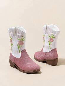 1 双女童拼色花卉刺绣休闲靴，时尚日常穿着，秋冬，生日/圣诞礼物 - 白色 - 查看 4