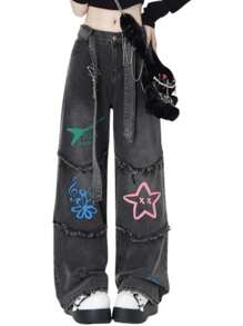 Jupkem Cute Low Rise Y2k Jeans Women Straight Leg Goth Star Graphic Wide Leg Kawaii Pants Y2k Aesthetic Baggy Jeans Korean Streetwear