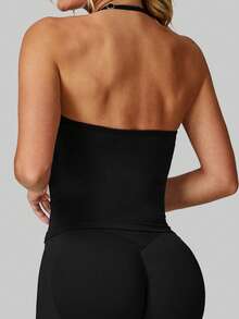 Aaseow 女士瑜伽上衣，健身瑜伽衫，运动服，露背褶皱内置胸罩罩杯上衣 - 黑色 - 查看 3