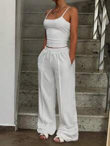 Women's Solid Color Spaghetti Strap Minimalist Top And Pants Casual Set White Summer - White - View 5