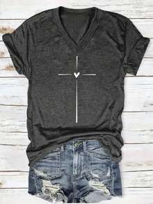 Ladies Graphic Printed V-Neck T-Shirt, Short Sleeve Casual Women's Tops For Summer And Spring, Women's Clothing, Perfect For Holidays And Gifts! - 深灰色 - 查看 1