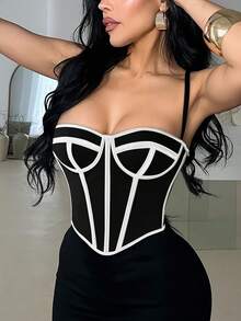 Apperloth A Y2K Sexy Corset Boned Tops For Women Mesh Grommet Eyelet Lace Up Back Backless Adjustable Straps Overbust Bustier Shapewear Crop Cami Tank Top Rave Festival Going Out Outfits Christmas Clothes Halloween Costumes - Black and White - View 3