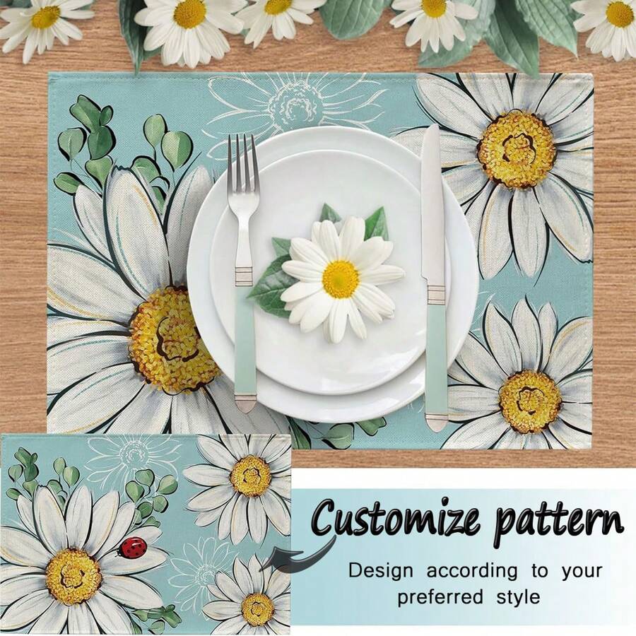 2/4/6 pièces Sets de table personnalisés imprimés (matériau en lin), conçus selon votre style préféré. Peuvent protéger la table à manger des taches d'aliments et des rayures. Convient pour la vie quotidienne, les rassemblements familiaux, les anniversaires, Noël, Pâques, Halloween, les anniversaires