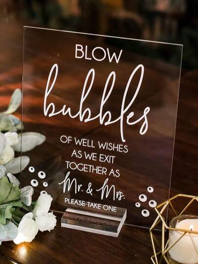 1pc Blow Bubbles Of Well Wishes For The New Mr And Mrs Clear Glass Look Acrylic Wedding Sign, Wedding Decor,Sendoff,Wedding Signs,Wedding Items,Wedding Party Supplies,Weddingessentials,Wedding Supplies,Wedding Decorations Summer Birthday Gifts Beach Back To School School Supplies Room Decor