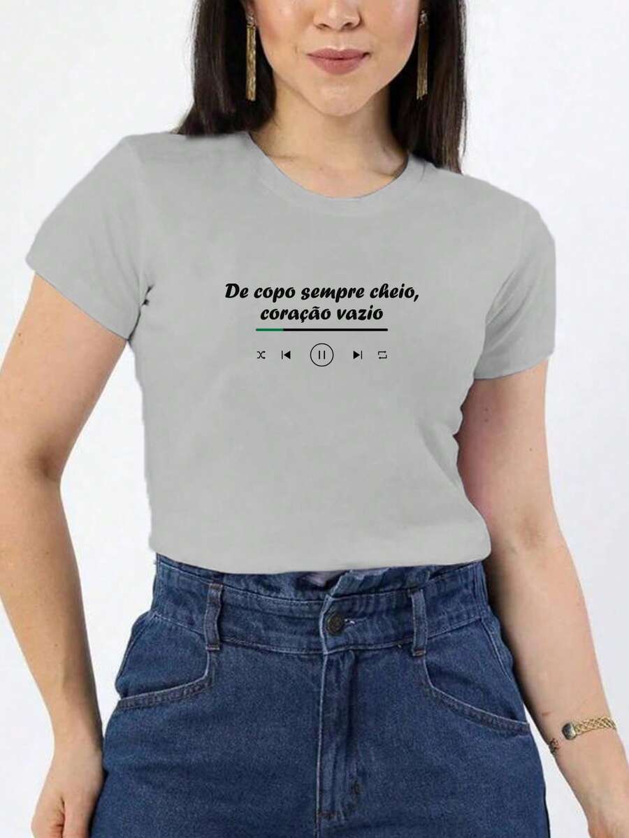 Blusa Feminina Babylook Estampada Música Sertanejo Henrique e Juliano De Copo Sempre Cheio O coração Vazio 100% Algodão - Cinza - Visão 1