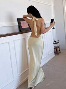 DEEKA New Fashion Minimalist Sexy Backless Satin Dress, Evening Gown
