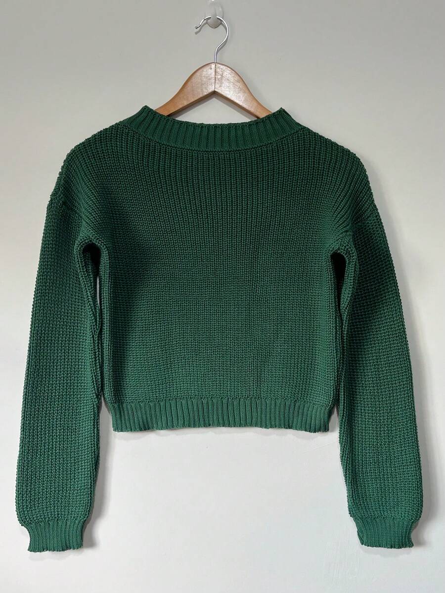 Women's Knitted Cropped Blouse, Fang Sweater. - màu xanh lá - Xem 1