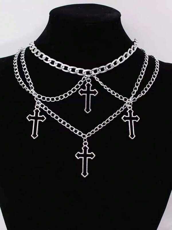 1pc Gothic Style European & American Fashion Hollow Cross Pendant Multilayer Chain Necklace, Suitable For Women's Daily, Gathering, And Party Wear