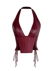 Apperloth A Top corto de fiesta con escote en V, espalda descubierta, ajustado, de piel sintética PU, con abertura, remaches y cordones, estilo Punk Y2K, para fiestas, clubes nocturnos y festivales de música - Burdeos - Ver 2