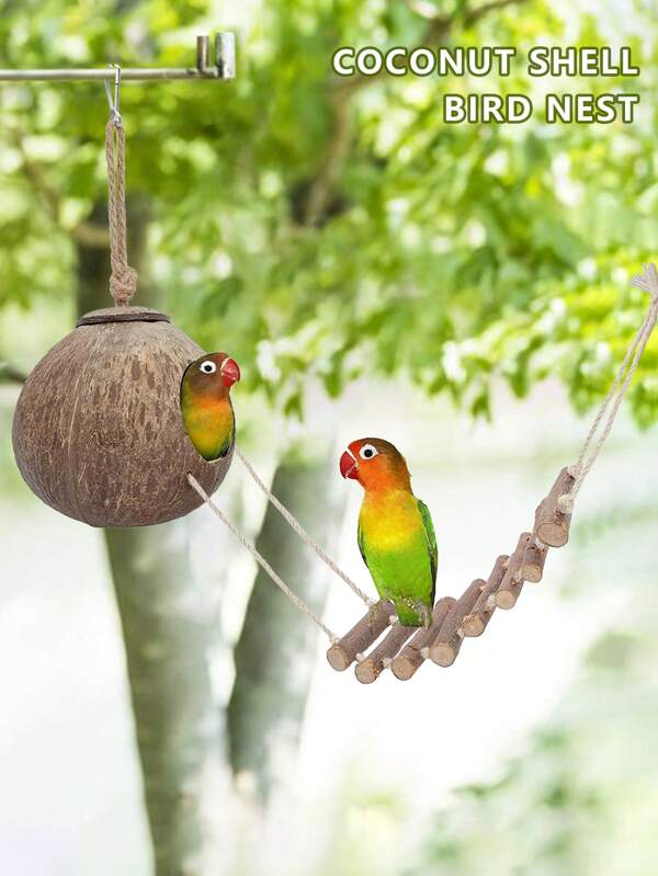 Coconut Shell Bird Nest, Parrot Cage Accessories, Bird Toys, Parrot Coconut Shell Climbing Ladder Nest
