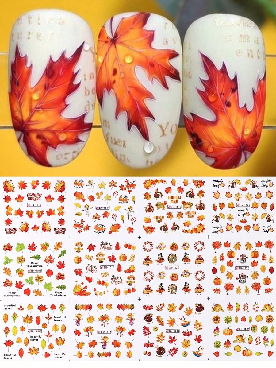 12/24款/张 3D 秋季枫叶美甲贴纸,DIY 秋叶转印贴纸,圣诞冬季 DIY 美甲装饰贴片,美甲沙龙配件工具,美甲用品 美甲贴纸 - 彩色 - 查看 1