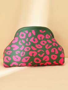 Leopard Print Clutch Bag, Contrast Color Knitted Wristlet, Spacious And Stylish Handbag
