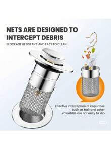 1pc Pop-Up Sink Drain, Stainless Steel Mesh + Chrome Plated Plastic Body, Fits Bathroom Basin Drain Catcher, Anti-Clogging, Confirm Size Compatibility Before Purchase, Suitable For 3.4-4.0cm Water Outlet Diameter