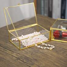 Minimalist Home Decor Desktop Ornament, Transparent Glass With Pure Copper Edging, Embedded Glass Vanity Organizer Box, Cosmetic Display Dust-Proof Jewelry Box - Gold - View 9