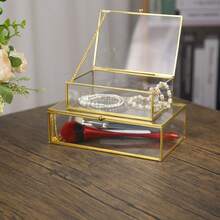 Minimalist Home Decor Desktop Ornament, Transparent Glass With Pure Copper Edging, Embedded Glass Vanity Organizer Box, Cosmetic Display Dust-Proof Jewelry Box - Gold - View 10