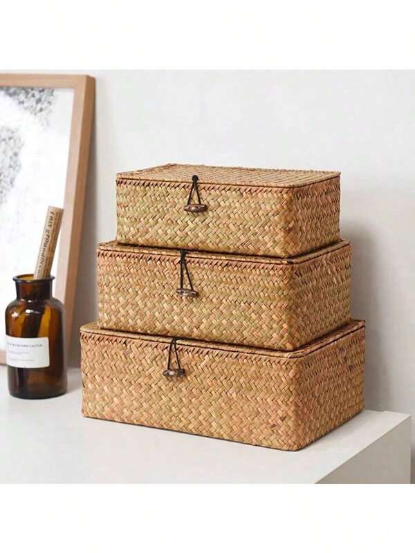 1 pieza Caja de almacenamiento tejida de paja de mar, caja de regalo con tapa personalizada, adecuada para decoración del hogar, exhibición en mostradores, baños, cocinas, contenedor de bocadillos, joyero, embalaje de regalo de Año Nuevo, dormitorio, sala de estar, organizador de maquillaje y misceláneos para escritorio
