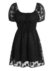 Summer Women's Bubble Sleeve A-Line Dress With Elastic Waist  Lace Trim - Pastel Colors - 黑色 - 查看 5