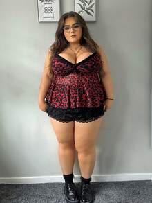 Hourglow 大码豹纹蕾丝拼布露背荷叶边下摆吊带背心