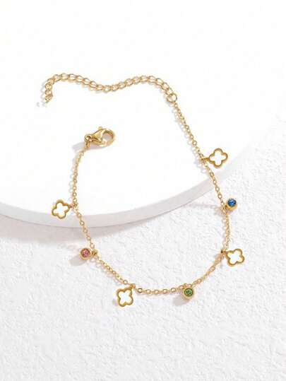 1件不锈钢幸运四叶草吊坠手链，彩色立方氧化锆装饰手链，适合女性日常佩戴，精致的美式和欧式风格配饰