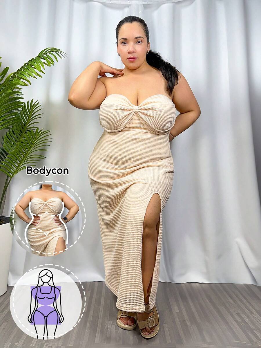 Hourglow 加大码纯色露肩侧开衩连衣裙，简约休闲风格，适合日常穿着、沙滩裙、太阳裙、波西米亚风度假装 - 米色 - 查看 1