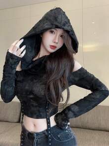 做旧手工露肩短款连帽T恤，长袖，修身剪裁，女士休闲春季个性化短款上衣 - 彩色 - 查看 2