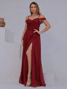 Long Off-The-Shoulder Party Dress With Sparkle For Bridesmaid, Wedding, Princess Graduation - 紅木色 - 查看 2