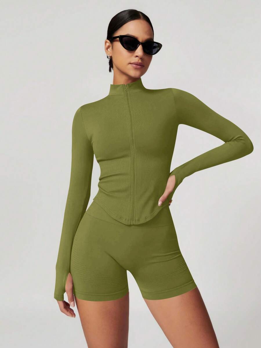 女士时尚立领拉链长袖瑜伽外套，紧身柔软，适合瑜伽服、户外健身运动，秋季健身锻炼必备