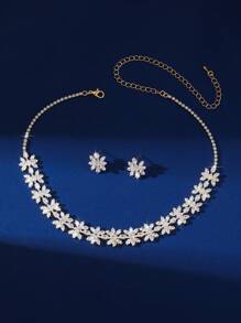 Women's Luxury Jewelry Set, Gold Rhinestone Necklace + Earrings, Fashionable & Elegant, Best Accessory For Weddings, Galas, Parties, And Everyday Wear
