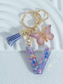 Sparkling Purple Mixed Snowflake Sequins, 26 Capital English Letters, Paired With Golden Patterned Butterflies And Purple Leather Tassels, 18kc Gold Lobster Buckle Flat Ring Chain Three Pieces Keychain Set, Suitable For Luggage Hanging Accessories, Car Hanging Accessories, Key Hanging Accessories, Mobile Phone Hanging Accessories, Clothing Hanging Accessories, As A Birthday Gift For Friends, Couples, And Mothers, Suitable For Both Men And Women - Purple - View 24