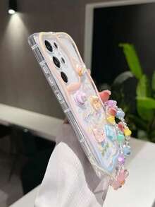 卡通人物光泽奶油色花卉装饰吊坠，适用于 Apple 奶油色花卉设计手机壳，彩绘花卉手链，柔软透明彩绘保护壳，适用于 15XR/7/8、15 Pro Max/ 14 Pro Max、13/11、Galaxy S23 Ultra、A14/A23 保护手机壳 - 彩色 - 查看 3