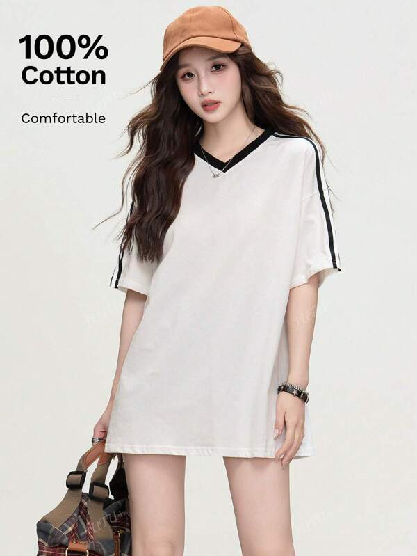 Fashionable Women Loose Casual T-Shirt With Raglan Sleeve And Striped Trim