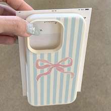 可爱粉色蝴蝶结蓝色条纹图案TPU时尚手机壳，1个装，材质兼容苹果/，生日礼物，国际版，非国内版 - 白色 - 查看 4