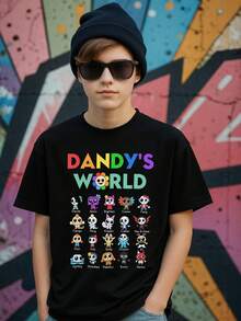 Boys Dandy's World Graphic T-Shirt Black Casual Tee With Colorful Cartoon Characters, Machine Washable, Spring/Summer, Youthful And Playful. - Black - View 1