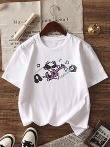 1pc Casual Sunglasses & Cat Playing Guitar Print Round Neck Short Sleeve T-Shirt, Comfortable & Fashionable Children/Girls Summer Student Outfit