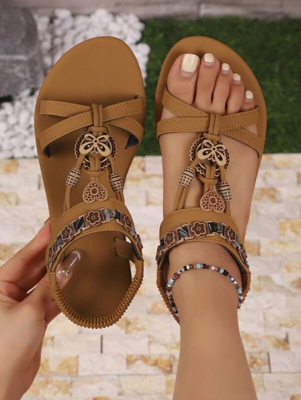 Bohemian Classic Rhinestone Flower Print Casual Vintage Versatile Flat Sandals For Women, Beach/Holiday Wear