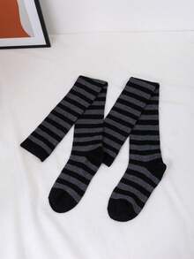 1 Pair Black & Grey Striped Women Over-The-Knee Long Socks, Y2K