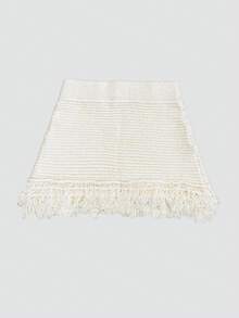 女士时尚流苏装饰格子休闲针织迷你裙，春夏 - 米色 - 查看 2