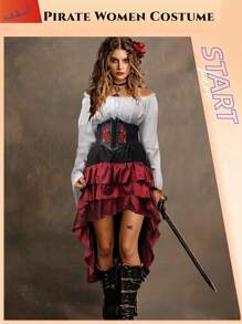 Medieval Pirate Queen Corset And Ruffle Maxi Skirt Sailor Costume For Halloween