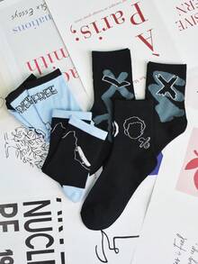 5 Pares de Meias Estampadas com Grafite da Moda Casuais para Mulheres, Adequadas para Uso Diário, Esportes, Estilo de Rua, Primavera/Outono