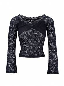 Y2K Women Sexy Fitted Off Shoulder Long Sleeve Lace Blouse - Black - View 7