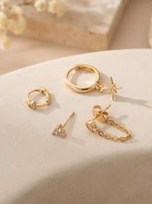 4 Stücke/Set zierliche Ohrringe mit kubischem Zirkonia in Gold, mit Stern-, Kleeblatt- und Kettendesign, Creolen/Ohrstecker für Frauen, perfekt für täglichen Chic und funkelnde Partys