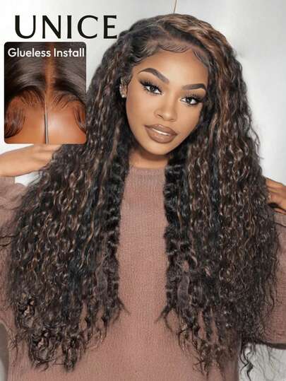 UNice Peluca frontal de encaje de 7"X5", cabello natural negro con degradado dorado marrón, textura ondulada, pre-cortada, pre-decolorada, pre-arrancada, sin pegamento, 100% cabello humano, uso instantáneo, perfecta para looks de playa de verano, ondas sin esfuerzo, encaje transparente, casquete de monofilamento