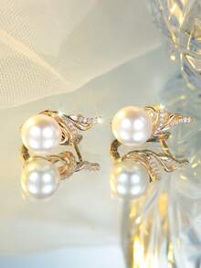 Tsnamer 1 Pair Of Elegant White Round Faux Pearl Leaf Clasp Earrings, Luxury And Fashionable Women's Jewelry Gift, Suitable For Party Wear, Everyday Wear,Charm Birthday Gifts - earrings - View 4