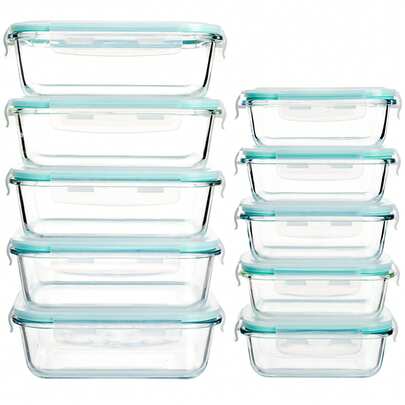 20 recipientes de vidrio para preparar comidas con ventilación de vapor, recipientes para almacenar alimentos con tapas herméticas, para el control de porciones del almuerzo en el hogar, la cocina y la oficina (10 recipientes + 10 tapas), aptos para congelador y refrigerador.