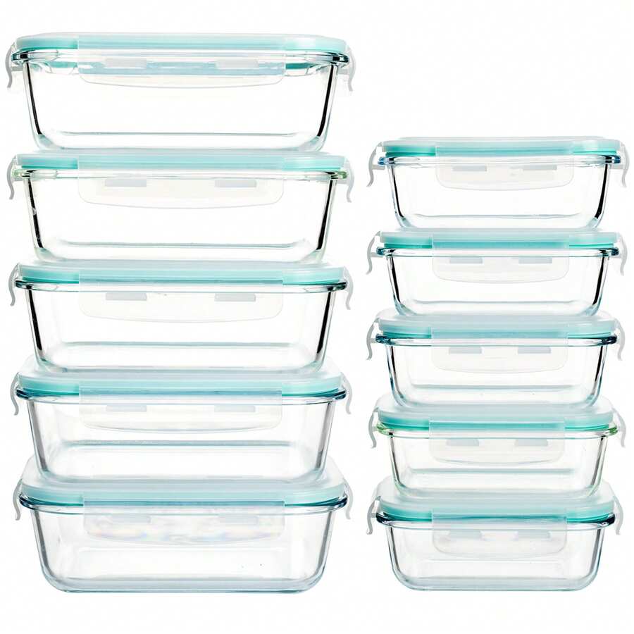 20 recipientes de vidrio para preparar comidas con ventilación de vapor, recipientes para almacenar alimentos con tapas herméticas, para el control de porciones del almuerzo en el hogar, la cocina y la oficina (10 recipientes + 10 tapas), aptos para congelador y refrigerador. - verde menta - Ver 1