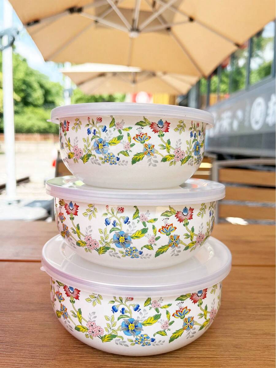 3pcs Enamel Baking & Serving Set, Multi-Functional Sealed Food Storage Containers, Provide 12/14/16 Capacity Storage Containers For Fruits And Vegetables, With Lids, For Fresh Produce, Portable Lunch Box, Freezer , Dishwasher Lunch Box, Patterned Design Fashionable Enamel Bowls With Lids, Soup Bowl, Salad Bowl, Enamel Fridge Container Microwave , Ideal For Home Kitchen, Office, School Lunch, Outdoor Camping Picnic.