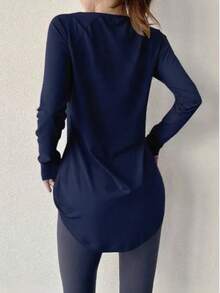 女士健身瑜伽上衣，速干运动衫，适合跑步、健身房锻炼，弹力压缩打底衫 - 藏蓝色 - 查看 5